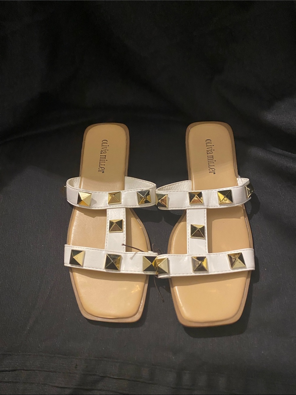 Olivia Miller White Slide Sandals with Gold Studs